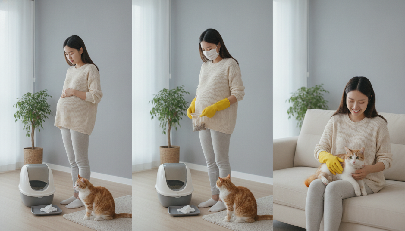 임산부가 고양이 화장실을 안전하게 청소하고, 이후 고양이와 다정하게 교감하는 3단 세트 이미지.