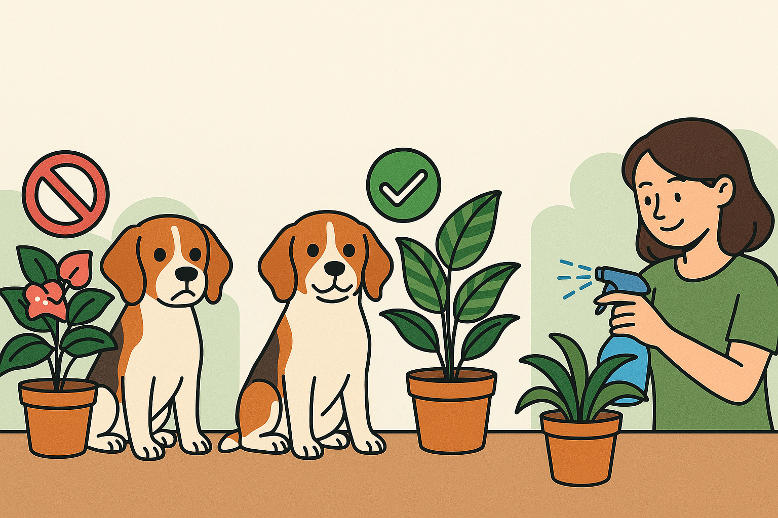강아지 2마리 사람 1명이 있고 강아지 옆에는 화분이 있음. 화분 하나는 강아지에게 무해함을 다른 하나는 해로움을 표시하고 있음 그리고 옆에서 사람이 화분에 분무기로 물을 주고 있음