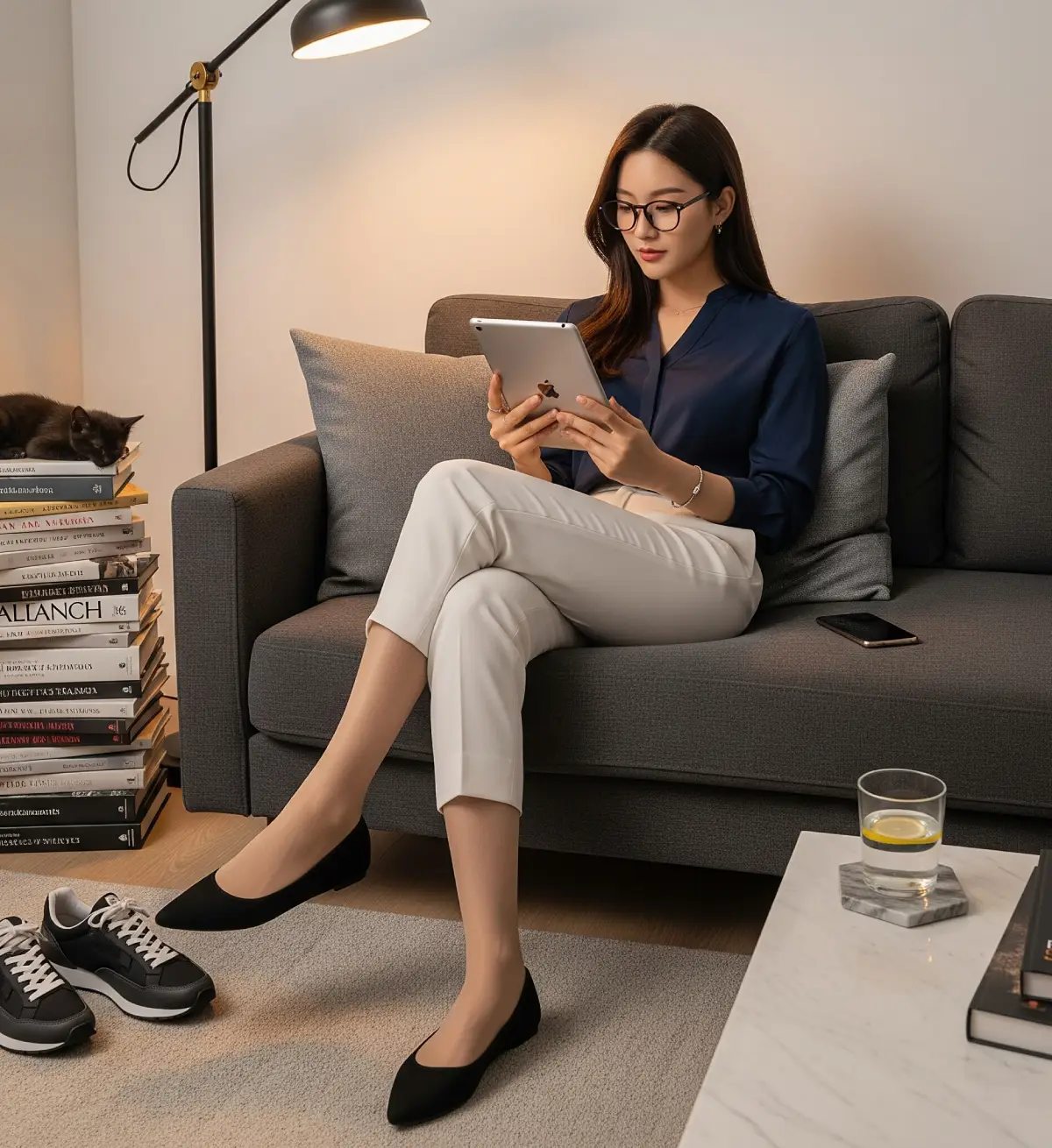 한국인 여성이 거실 소파에서 태블릿으로 넷플릭스 신작을 고르며 휴식을 취하는 모습