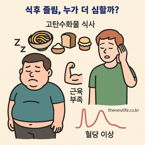 식후 졸림이 특히 심한 사람 &ndash; 과체중, 고탄수화물 식단, 근육 부족, 혈당 이상 등 위험 요인을 시각적으로 표현한 인포그래픽