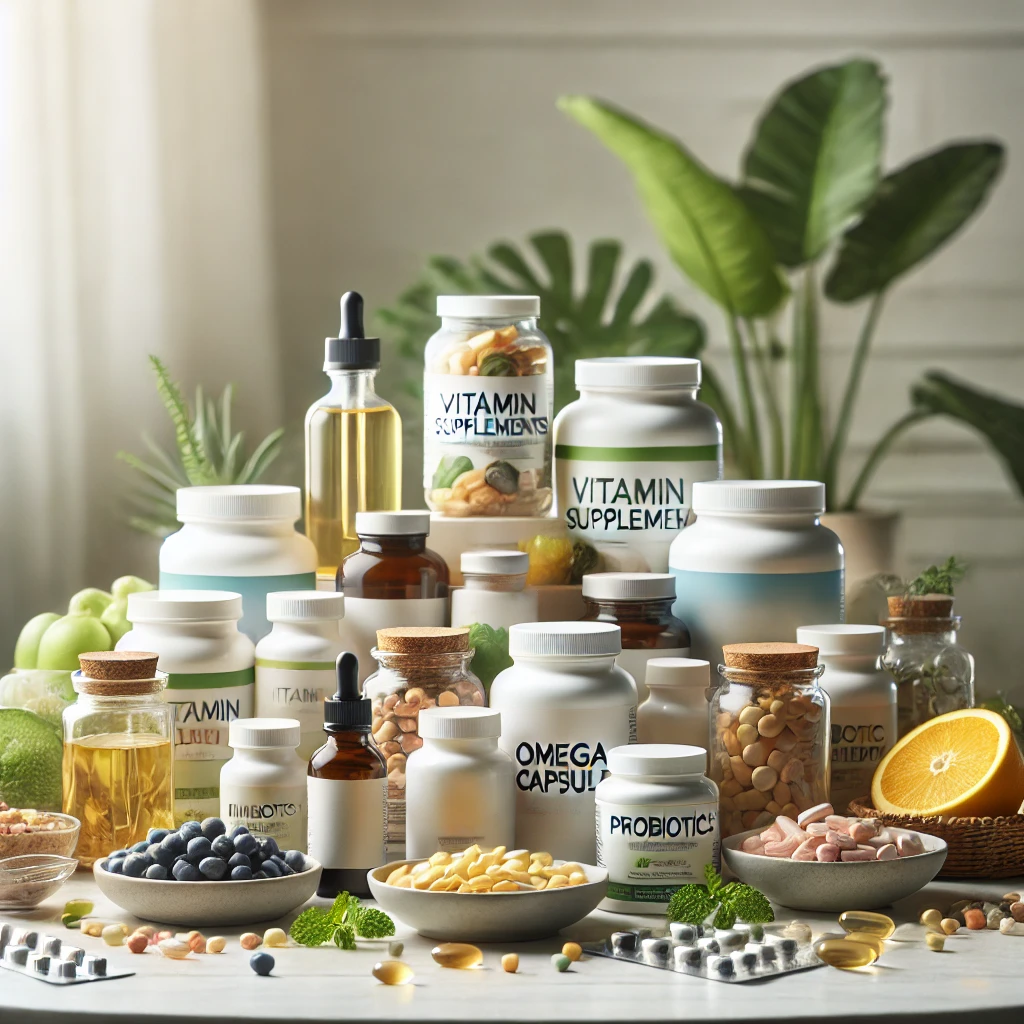 다양한 건강 보조제가 놓인 테이블의 모습