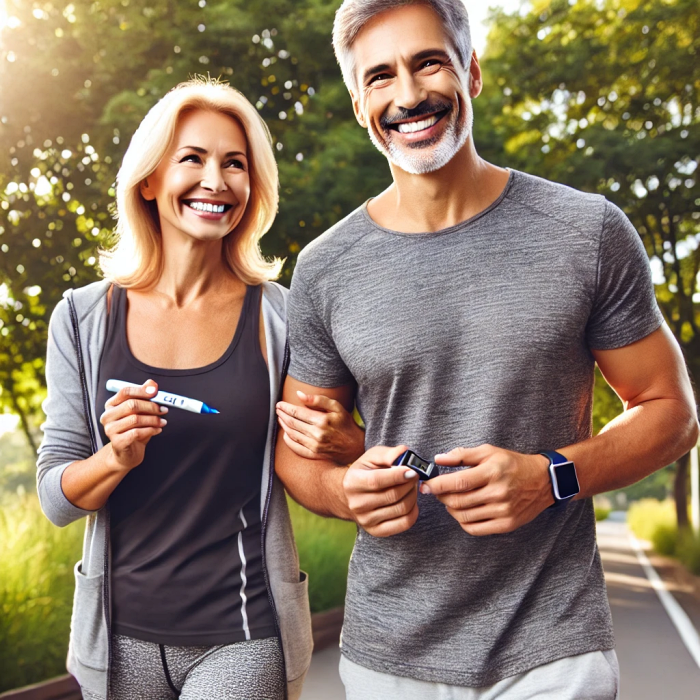 중년 부부가 공원에서 산책하며 건강을 챙기는 장면.