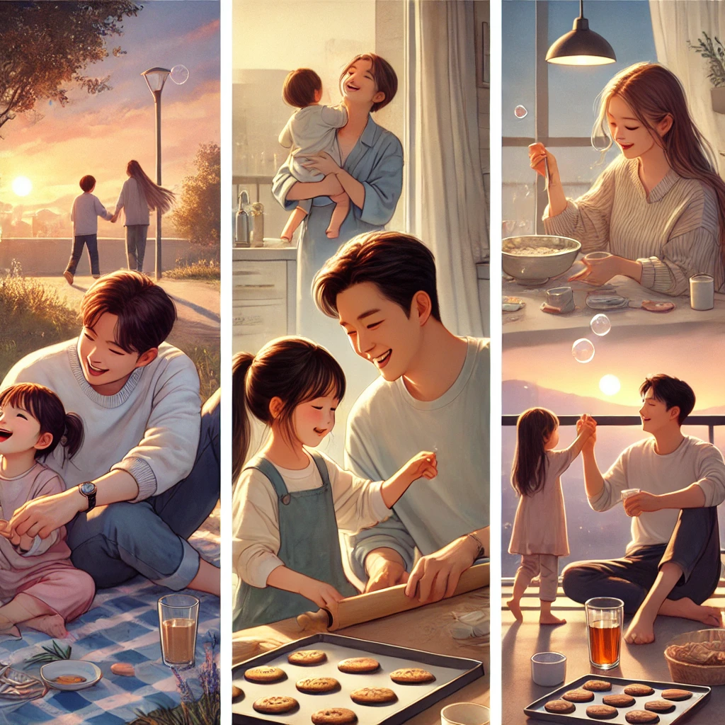 가족이 공원에서 소풍을 즐기는 모습. 부모는 피크닉 담요에 앉아 음식을 나누며 웃고&amp;#44; 아이들은 근처에서 비눗방울 놀이를 하며 행복하게 뛰어노는 장면.