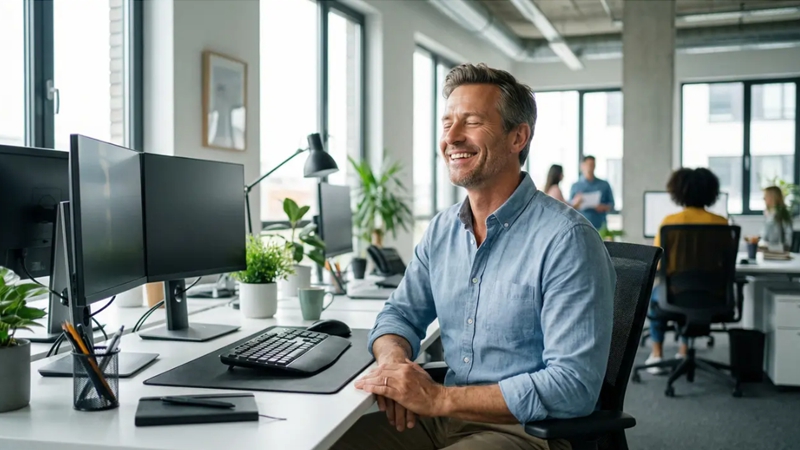 컴퓨터 앞에서 눈 운동으로 눈 피로를 해소하는 활기찬 중장년 직장인 모습