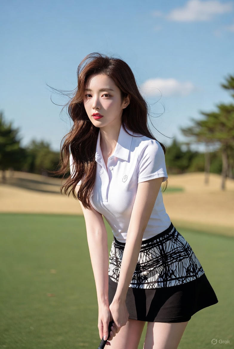 20대 여성이 포항 형산강 파크골프장에서 골츠 치는 모습