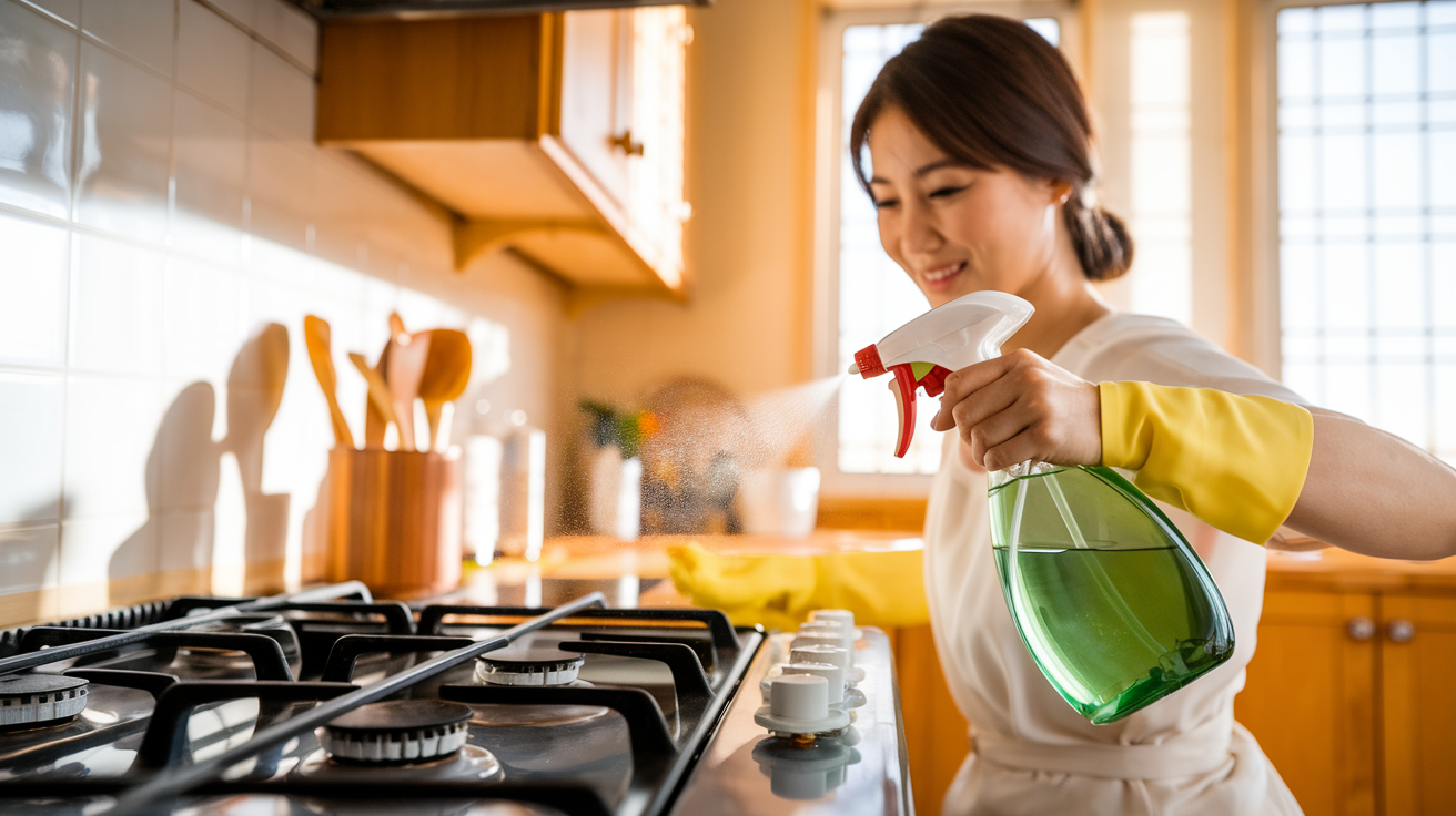 가스레인지 위에 식초액을 뿌리고 있는 주부