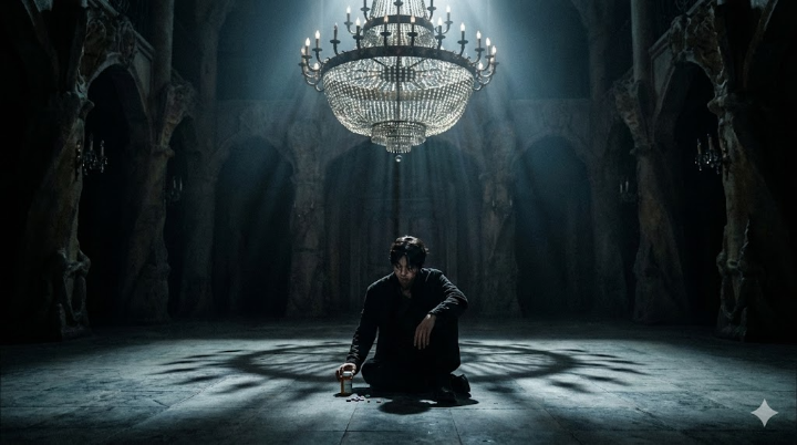 어두운 방 안, 거대한 샹들리에 밑에 홀로 앉아 있는 공유(한정원)