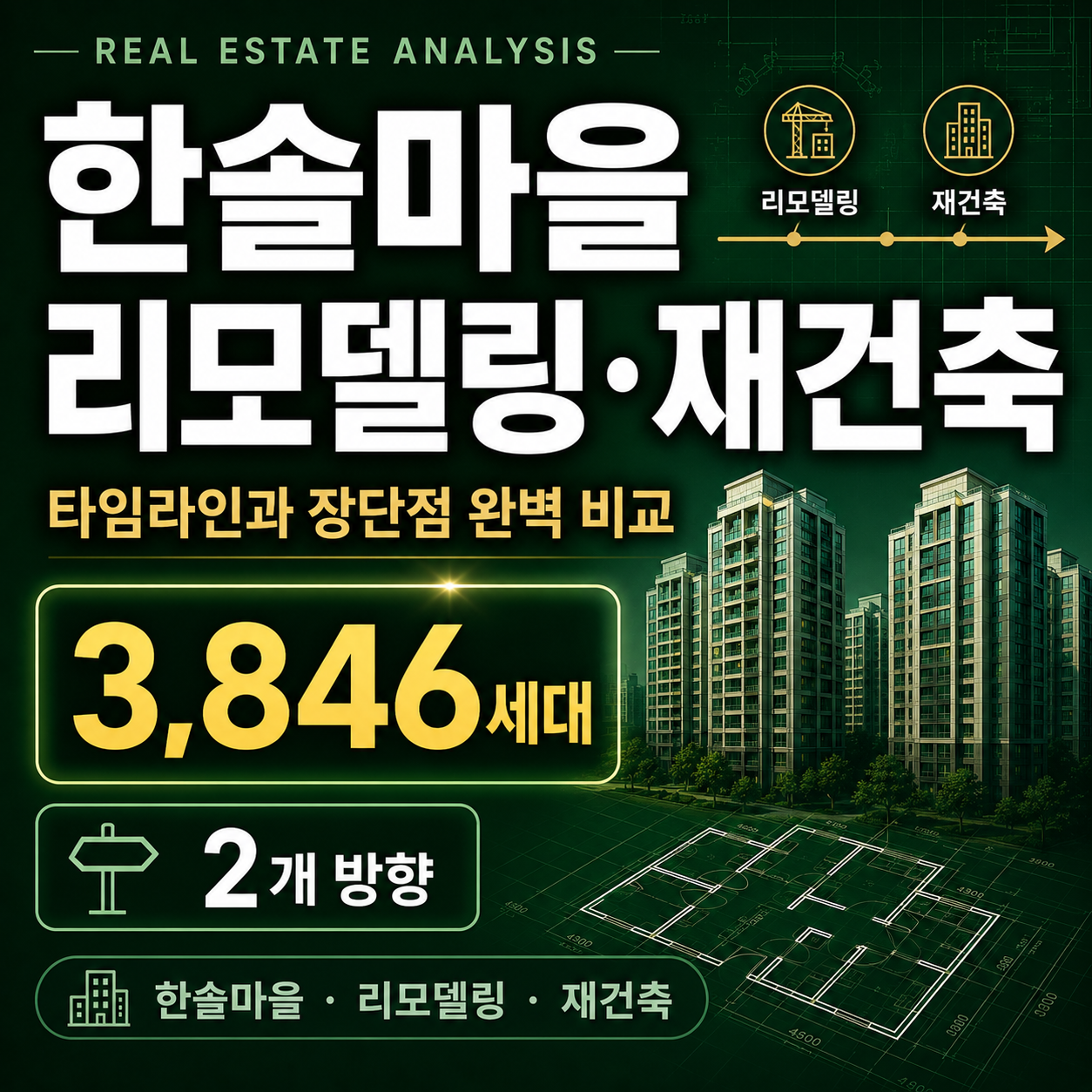 한솔마을 관련 3,846세대 단지의 2개 방향(재건축, 리모델링) 정비사업 타임라인 및 장단점 요약, 리모델링 및 재건축 분석 정보를 담은 썸네일 이미지.
