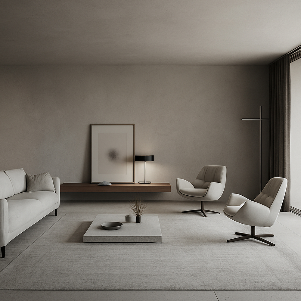 비움과 여백이 조화를 이루는 미니멀한 거실 인테리어 공간, 감성적 밀도가 강조된 디자인