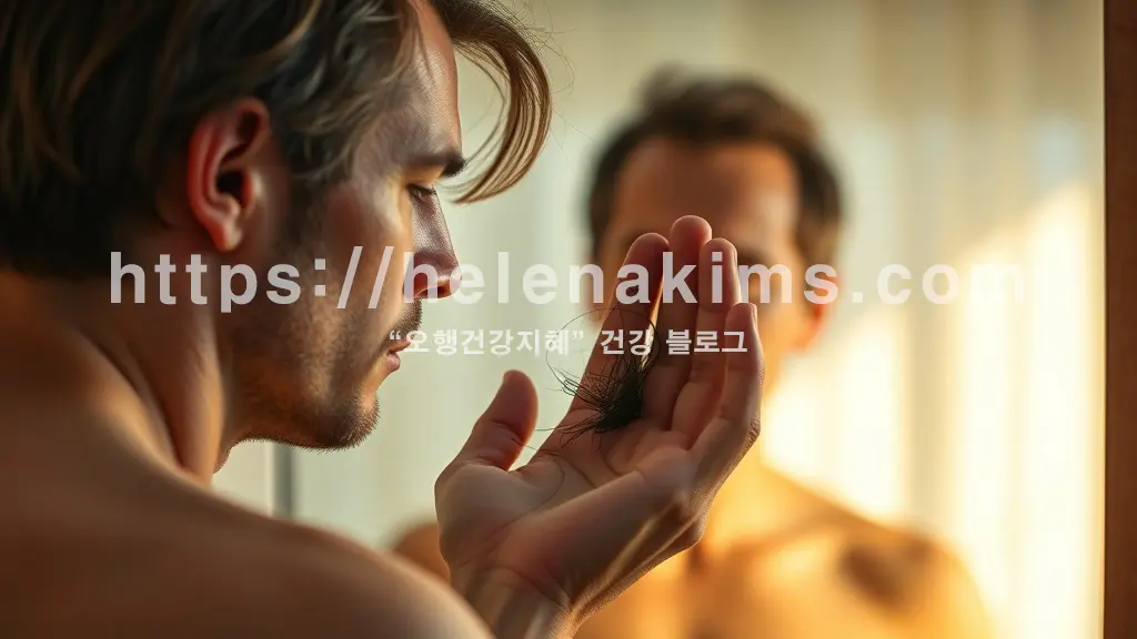 손바닥 위에 소복하게 쌓인 머리카락을 복잡한 감정으로 응시하는 남성.