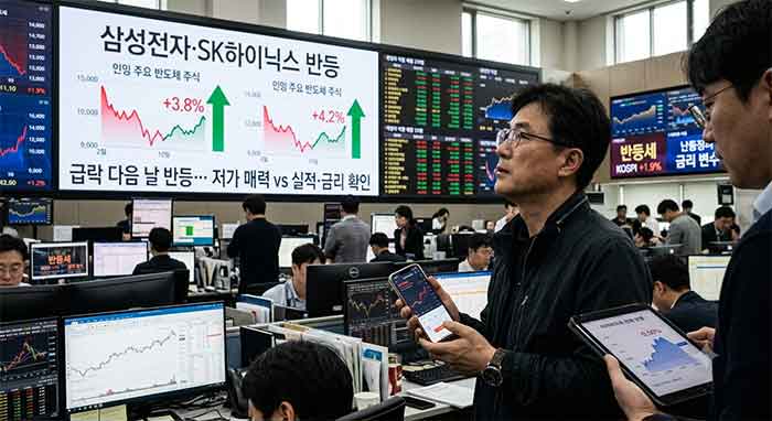 반등하는 주가 그래프와 증권사 거래소 전경.