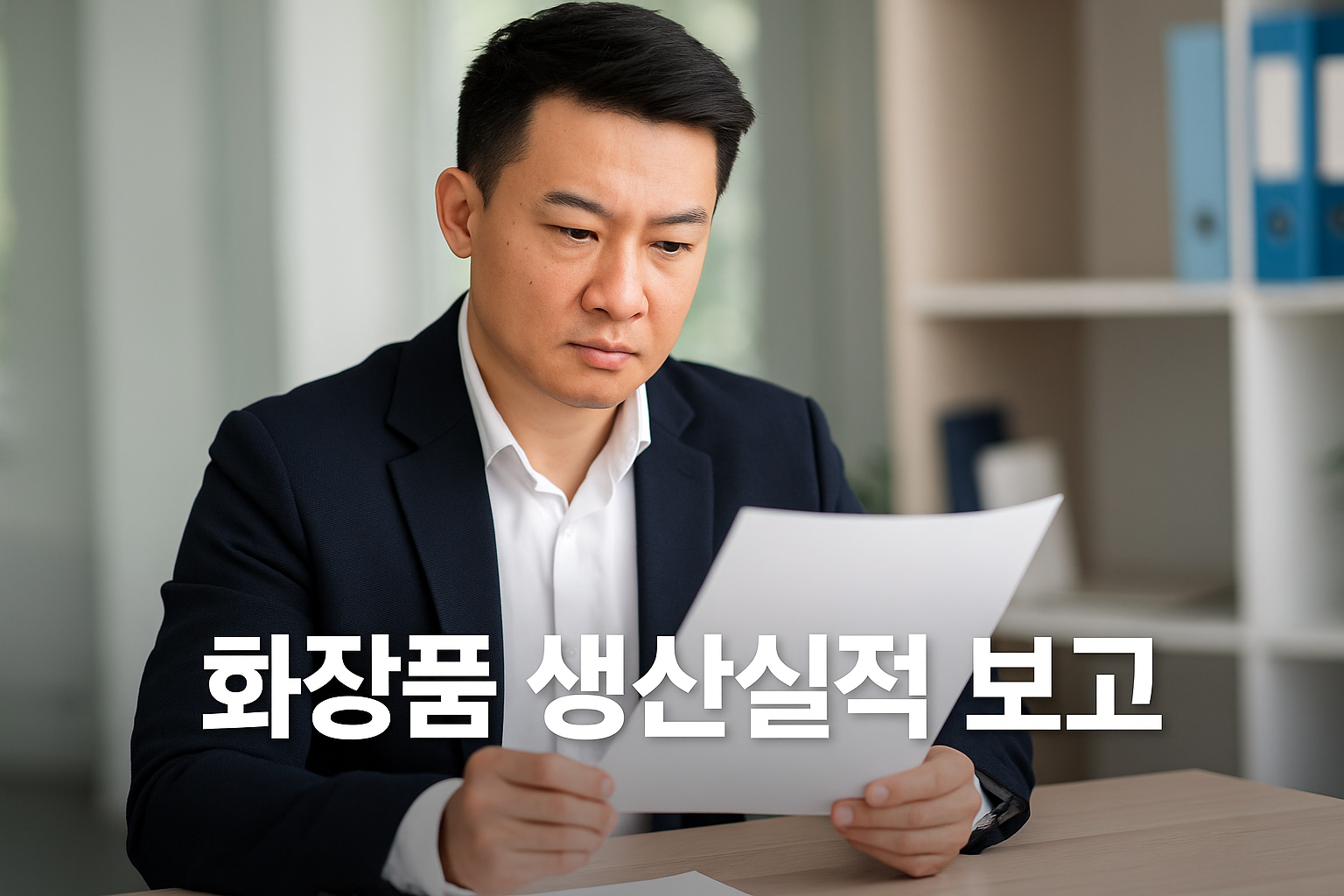 사무실에서 전문가가 문서를 검토하며 ‘화장품 생산실적 보고’를 준비하는 장면