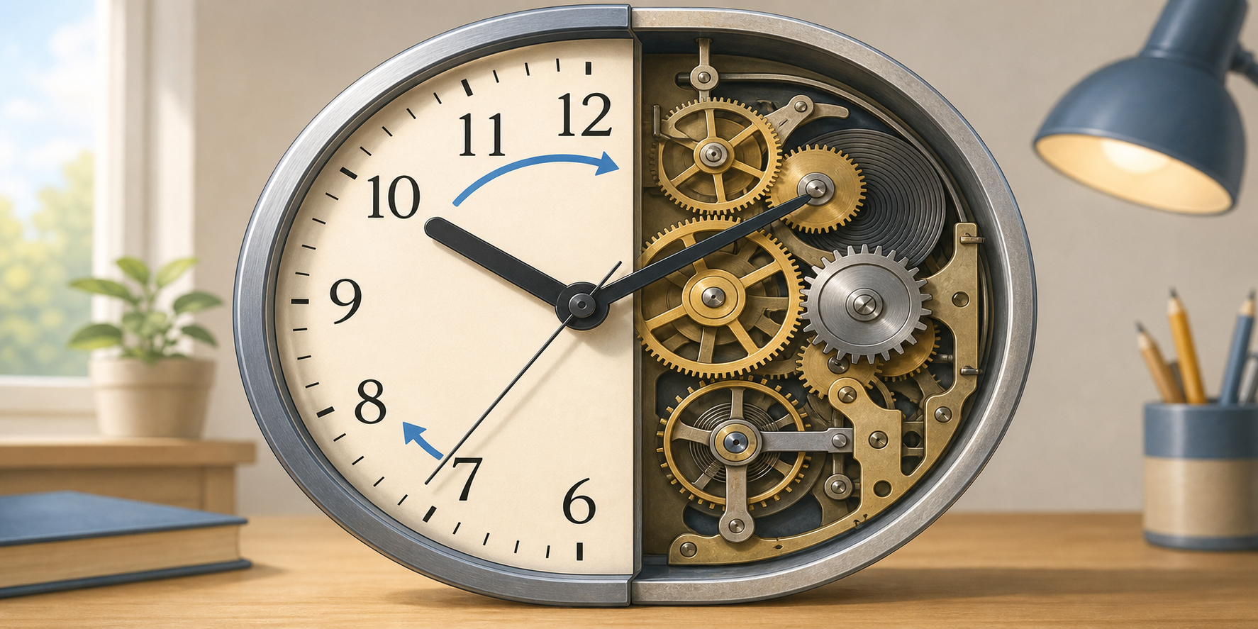 Educational illustration showing a clock face with gears and moving hands