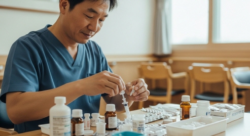 요양보호사가 약을 챙겨주는 장면