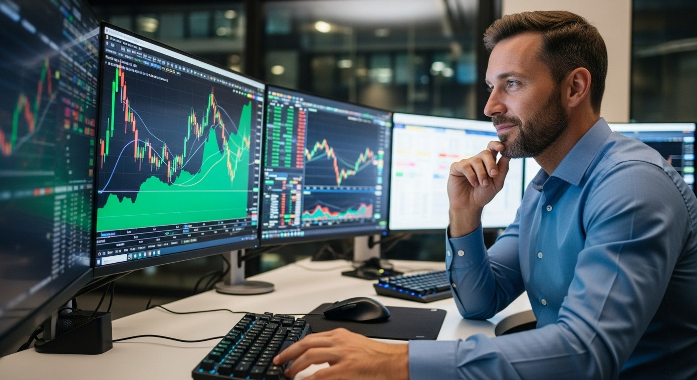 52주 신고가를 돌파한 주가 차트를 분석하는 현실적인 트레이더의 모습