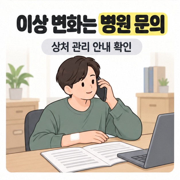 이상 변화는 병원 문의 문구 아래 드레싱이 붙은 손을 책상에 올리고 안내문 옆에서 전화하는 여성