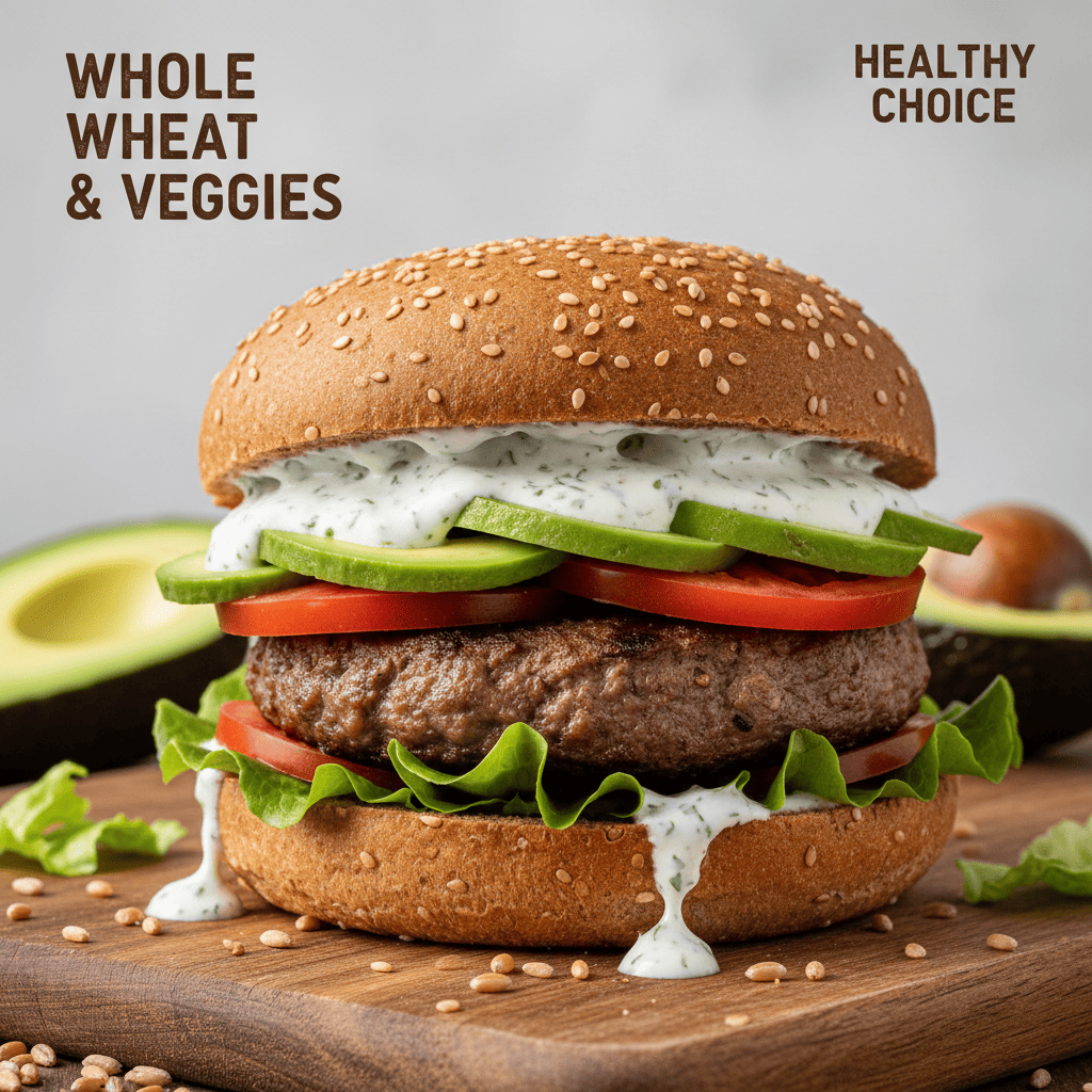 통밀빵 햄버거에 살코기 패티, 아보카도 슬라이스, 토마토, 양상추, 저지방 요거트 소스를 넣어 층층이 쌓은 모습