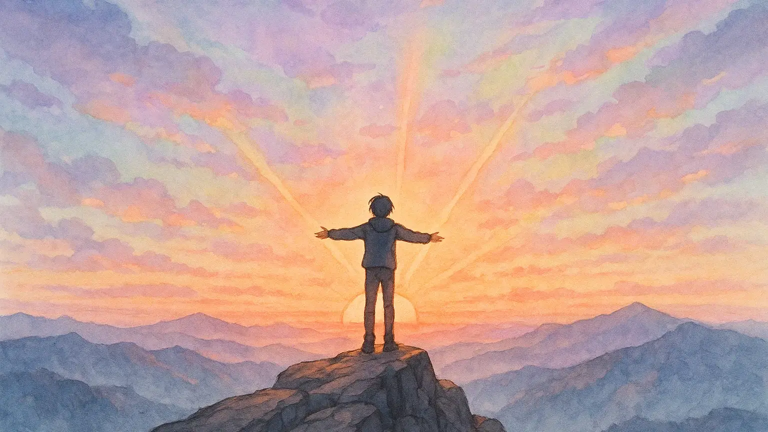 산 정상에서 희망적인 일출을 바라보는 사람의 실루엣, 새로운 시작과 희망을 상징하는 따뜻한 빛