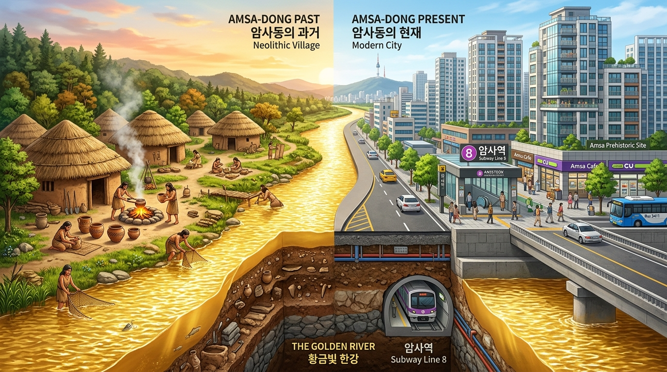 신석기 시대 움집과 현대 건물의 조화