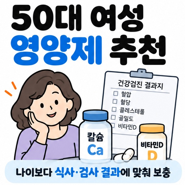 50대 여성과 건강검진표 칼슘 비타민D 영양제 아이콘을 중심으로 50대 여성 영양제 추천 문구를 보여주는 차분한 카드뉴스 이미지