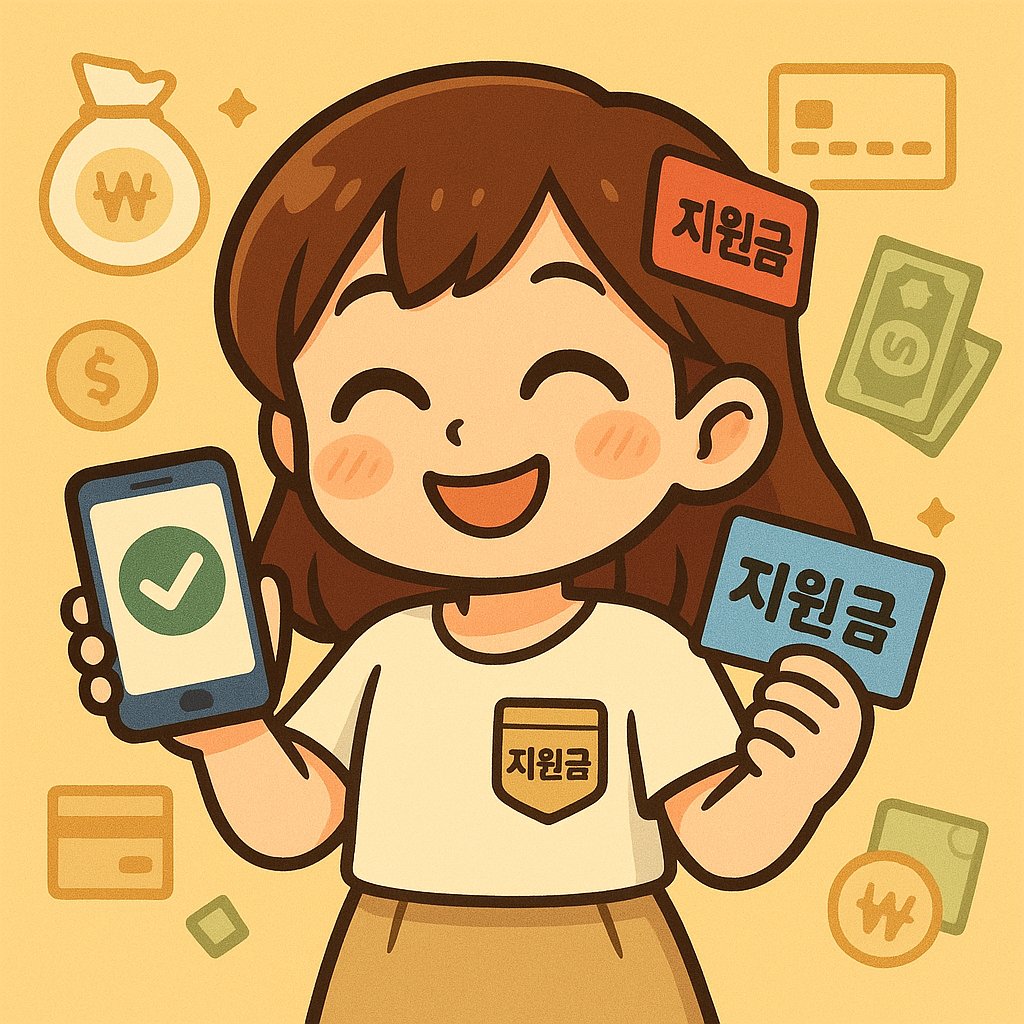 지원금 신청을 나타내는 귀여운 캐릭터와 현금 아이콘