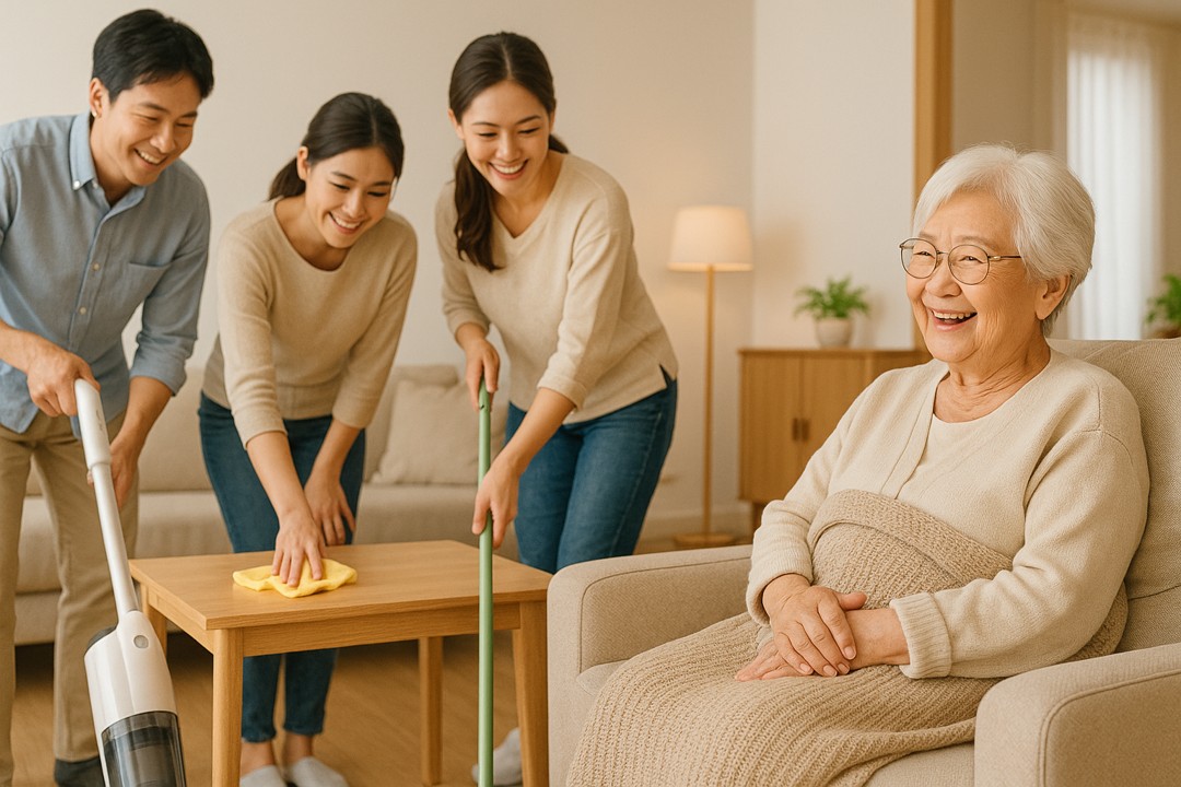 할머니가 사는 주거 공간을 가족이 함께 청소를 도와주는 장면