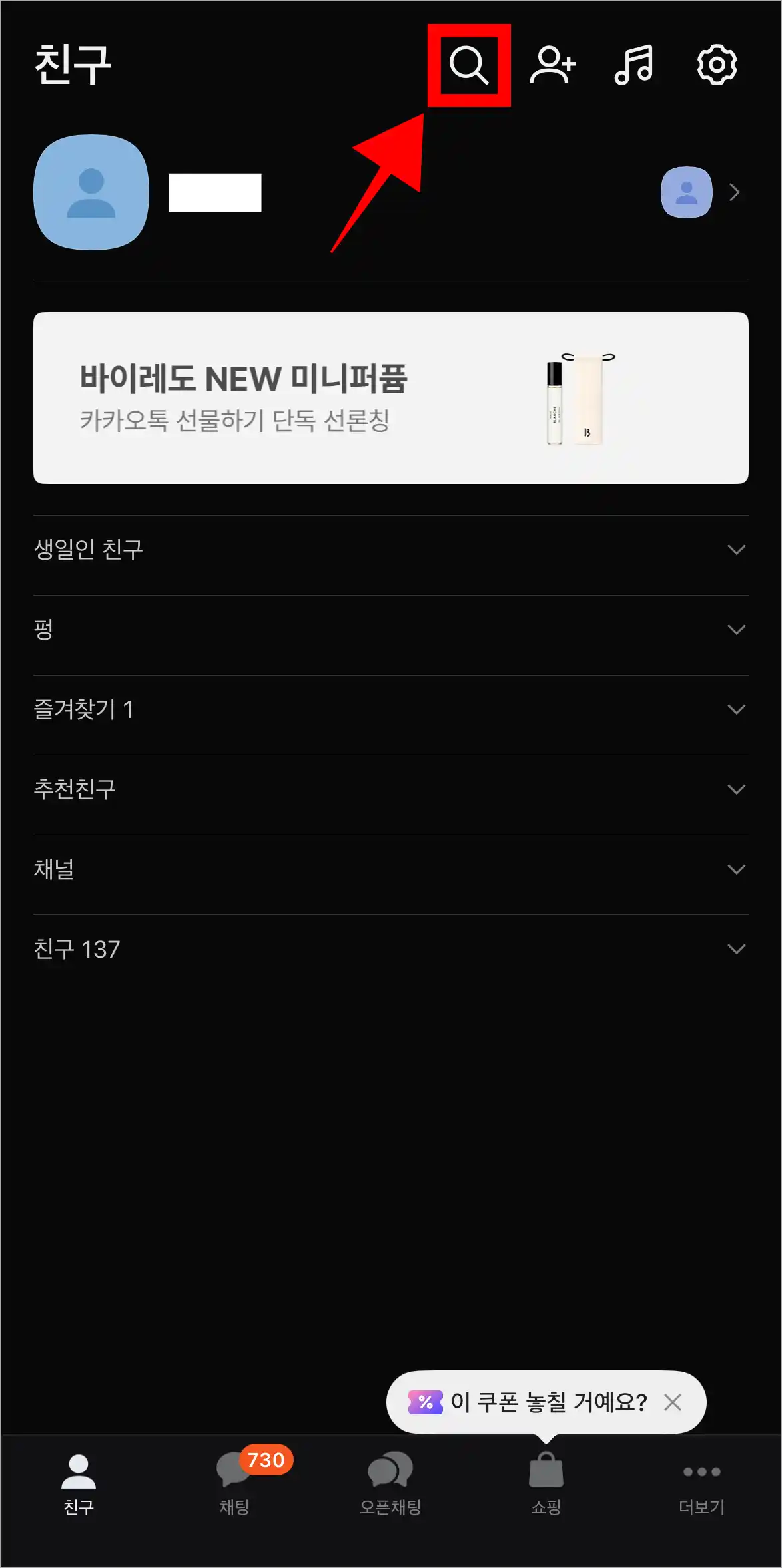 카카오톡 화면 상단의 돋보기 버튼을 선택