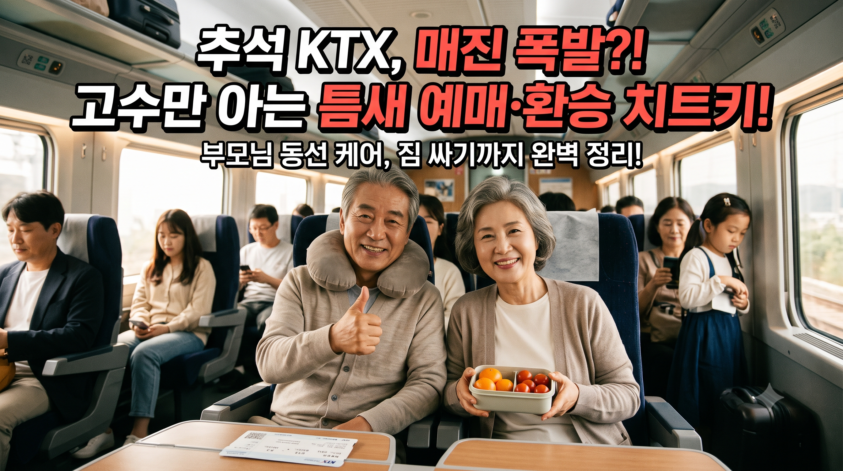 KTX 열차 내부에서 편안하게 좌석에 앉아 목베개를 베고 과일을 먹으며 웃고 있는 부모님의 사진과 '추석 KTX 매진 폭발?! 고수만 아는 틈새 예매&middot;환승 치트키!'라는 텍스트가 적힌 티스토리 블로그 썸네일 이미지