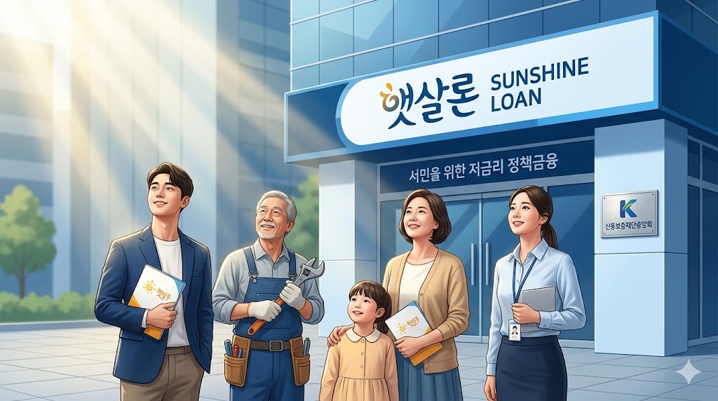 저소득 저신용 서민을 위한 햇살론 정책 금융의 희망을 상징하는 밝고 포용적인 이미지.