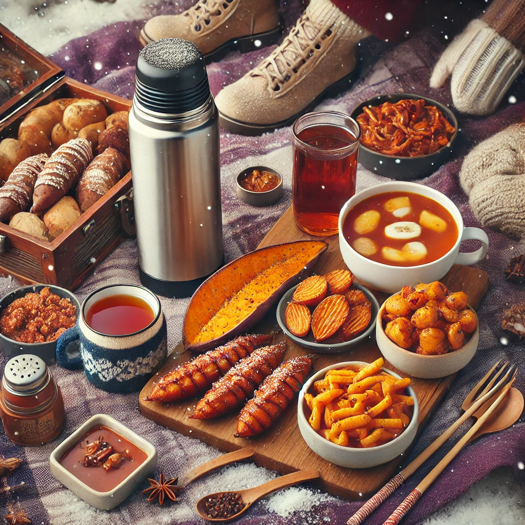 겨울 피크닉을 위한 따뜻한 음식과 간식, 스프, 군고구마, 떡볶이