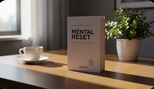 책 '멘탈 리셋'의 표지와 함께 평온하게 명상을 하거나 운동화를 신고 밖으로 나가는 모습의 이미지. 마음의 안정을 찾고 다시 시작하는 의지를 상징함.