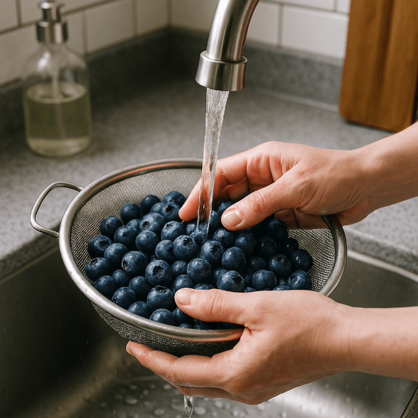 싱크대에서 세척하고있는 블루베리