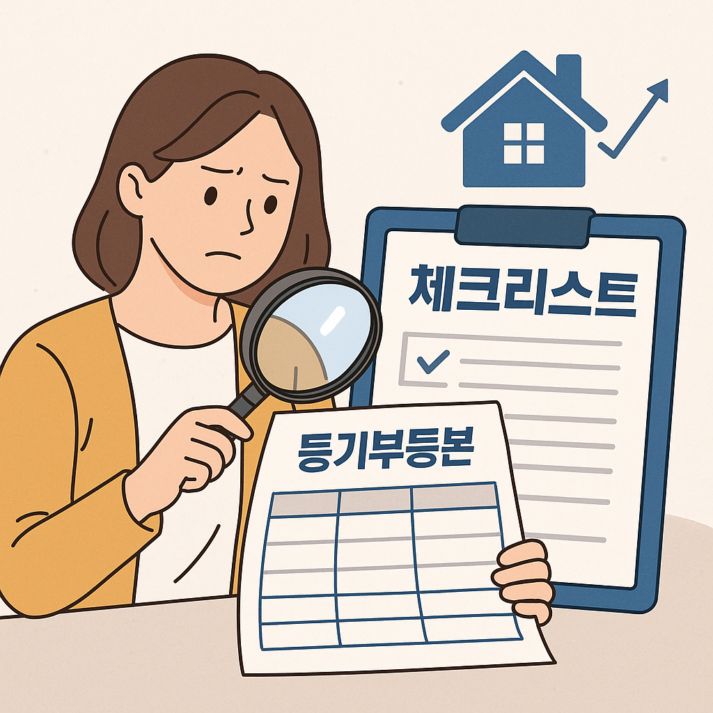 등기부등본을 돋보기로 자세히 들여다보는 여성 일러스트 – 부동산 서류 해석을 상징