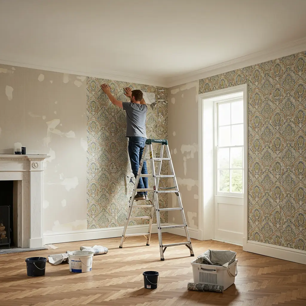 ๋ฐฉ์์ ๋ฒฝ์ ๋๋ฐฐ๋ฅผ ํ๊ณ ์๋ ๋จ์ฑ ์ด๋ฏธ์ง