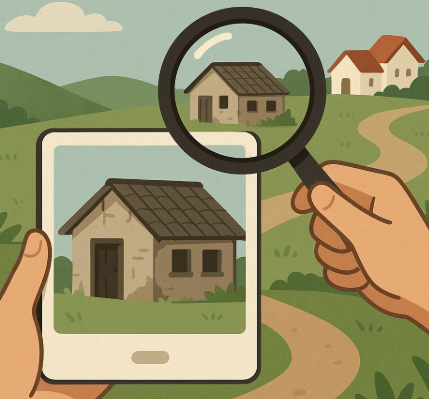 "귀촌 빈집 매물 찾기를 표현한 일러스트, 스마트폰 화면에 빈집이 표시되고 돋보기를 통해 확대해 보는 장면"