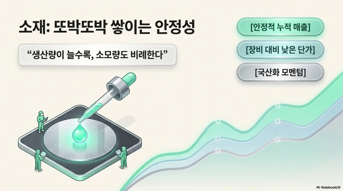 반도체 소부장 대장주: &amp;#39;소재: 또박또박 쌓이는 안정성&amp;#39;을 주제로 한 이미지. 생산량이 늘수록 소모량이 비례하는 반도체 소재 관련주의 특성과 안정적 누적 매출&amp;#44; 장비 대비 낮은 단가&amp;#44; 국산화 모멘텀을 우상향 그래프와 함께 시각화하여 소재주의 투자 성격을 전달함.
