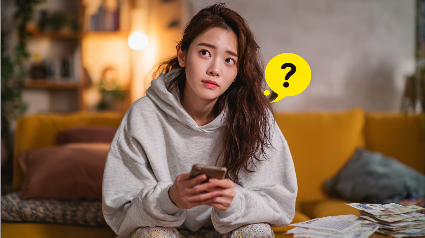 소파에 앉아 스마트폰을 들고 고민하는 표정의 한국 젊은 여성