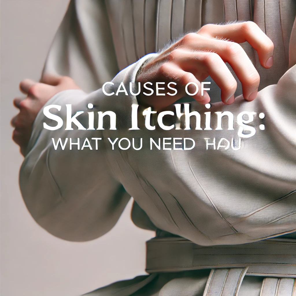 한 사람이 팔을 가볍게 긁고 있는 모습을 강조한 이미지. 배경은 부드럽고 중립적인 톤이며, 가려움으로 인한 불편함을 시각적으로 표현. 이미지 상단에 'Causes of Skin Itching: What You Need to Know'라는 문구가 깔끔한 폰트로 삽입되어 있음.