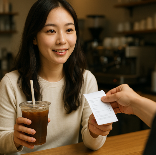 카페영수증으로 음료 리필혜택 받는 모습
