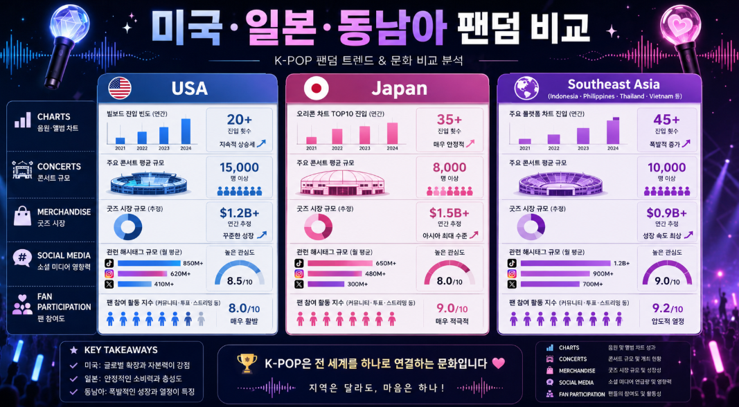 미국 일본 동남아 K-팝 팬덤의 차이를 차트 콘서트 굿즈 SNS 기준으로 비교한 인포그래픽