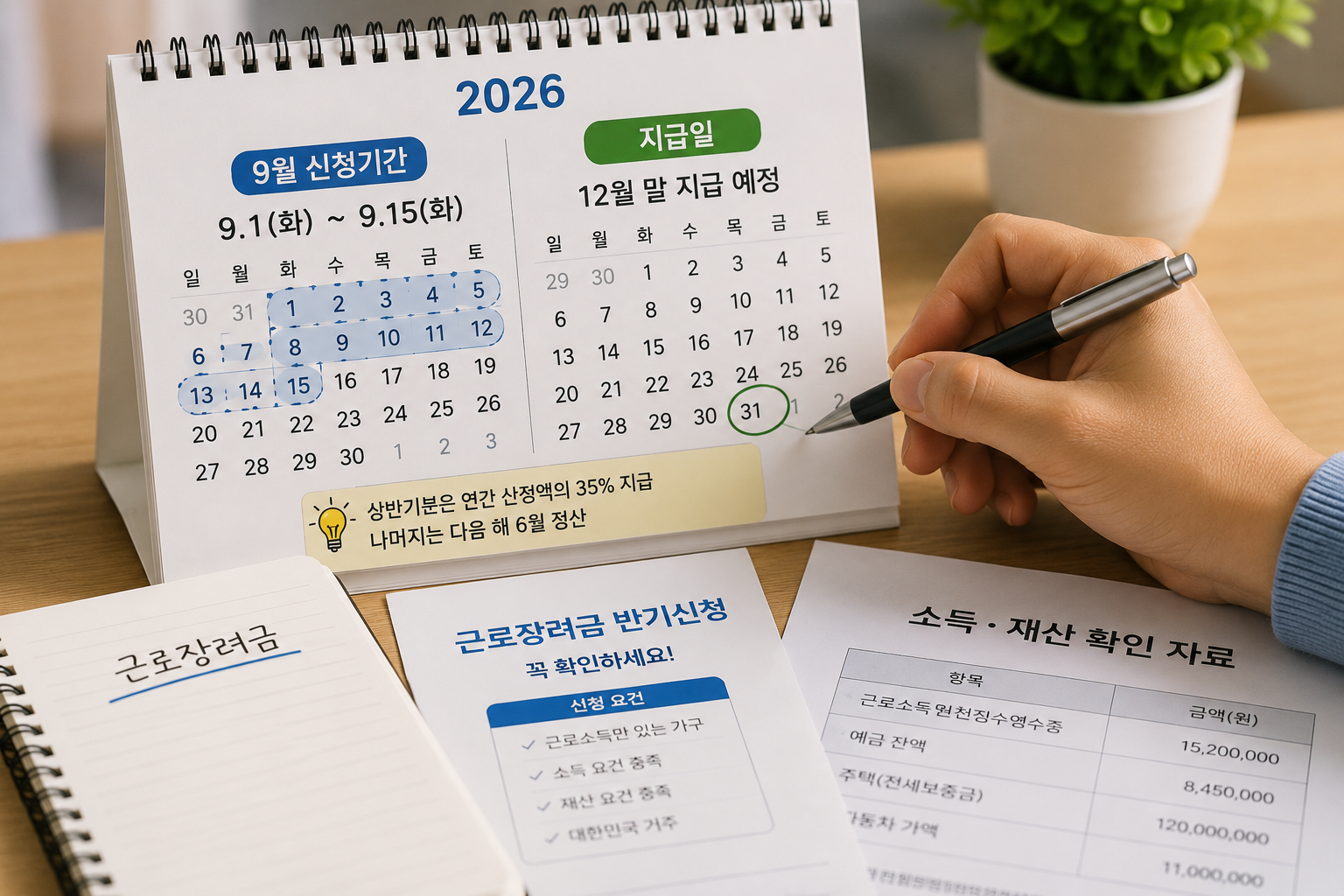 달력에서 9월 신청기간과 12월 지급시기를 표시하는 손