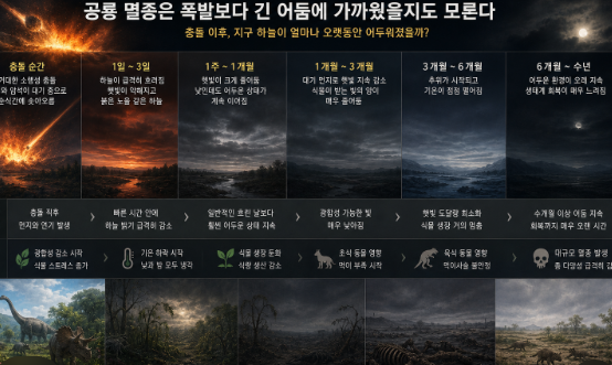 거대한 소행성 충돌 이후 먼지로 가려진 하늘 아래에서 햇빛이 줄어들고 생태계가 점점 무너지는 공룡 멸종 환경 변화