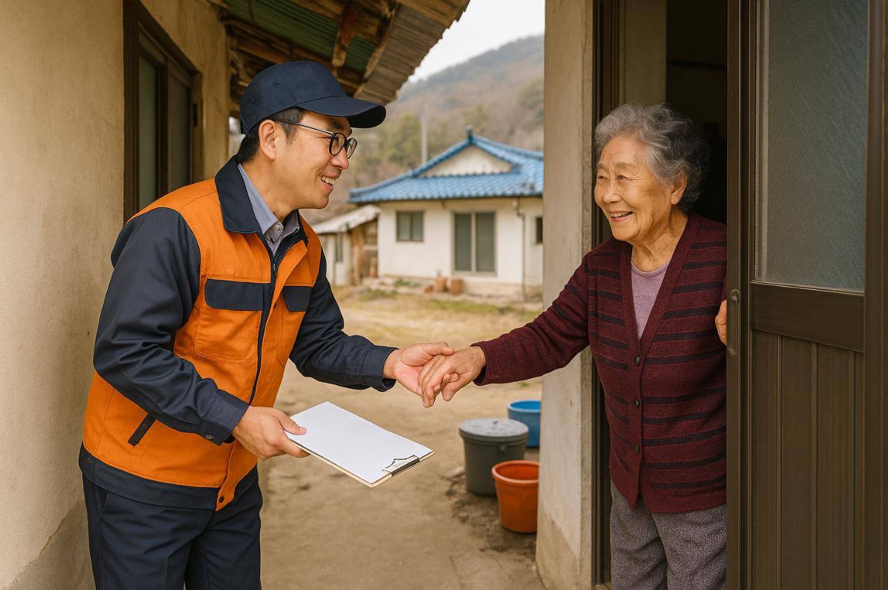 공무원이 시골 마을에서 노인과 인사를 나누며 미소 짓는 모습.