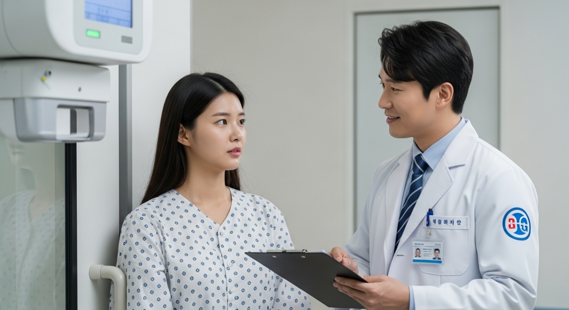 병원에서 의사나 방사선 기사가 불안해하는 젊은 여성 환자에게 X선 촬영에 대해 안심시키며 설명하는 모습