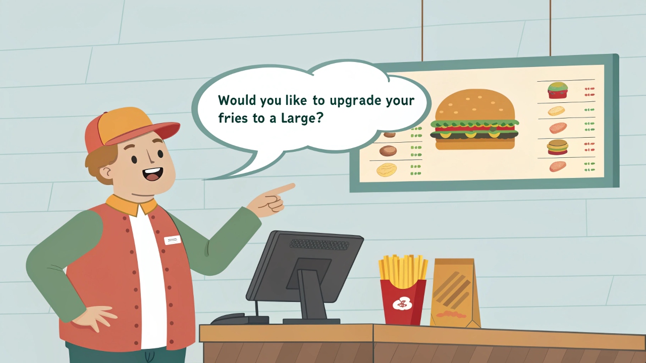 업셀링 심리학의 예시: "1000원 추가하여, 감자튀김을 큰 사이즈로 변경하시겠어요?"