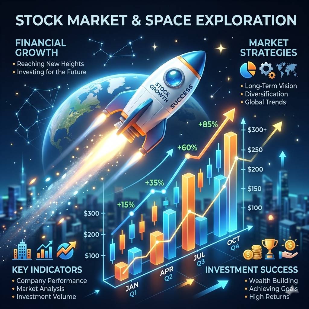 주가 그래프와 우주선 아이콘이 함께 배치된 깔끔한 인포그래픽 스타일의 이미지