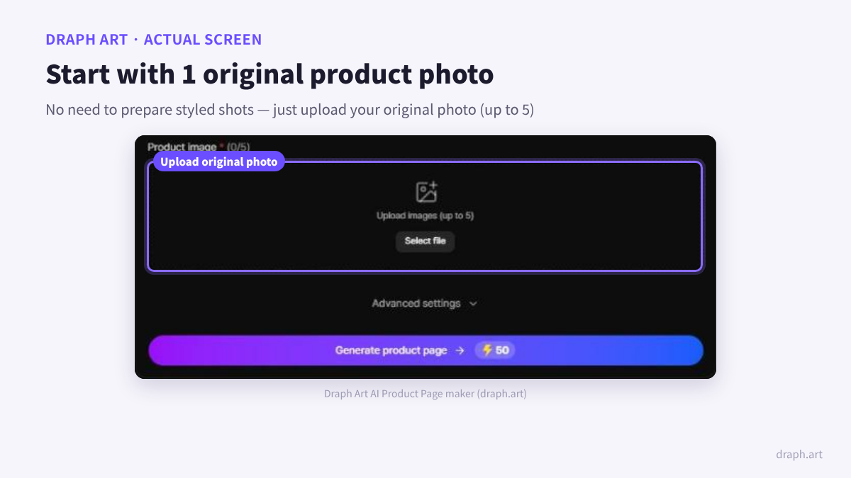 Hookable reviews product detail page guide: Draph Art product page maker screen for uploading 1 original product photo
