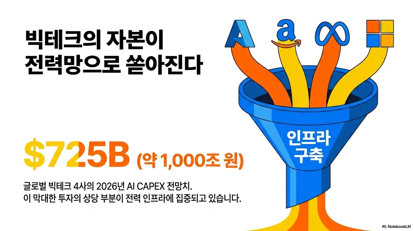 AI전력ETF 비교: 빅테크의 자본이 전력망으로 쏟아진다라는 문구가 포함된 인포그래픽 이미지. 글로벌 빅테크 4사의 2026년 AI 인프라 투자 전망치 7250억 달러 약 1000조 원이 깔때기를 통해 인프라 구축으로 집중되는 모습을 시각적으로 전달하며 블로그의 AI 전력 ETF 성장 동력과 관련된 내용을 설명함