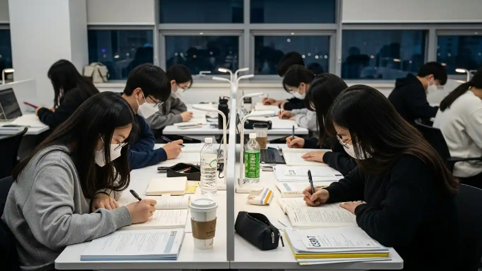 독서실에서 열심히 공부하고 있는 학생들