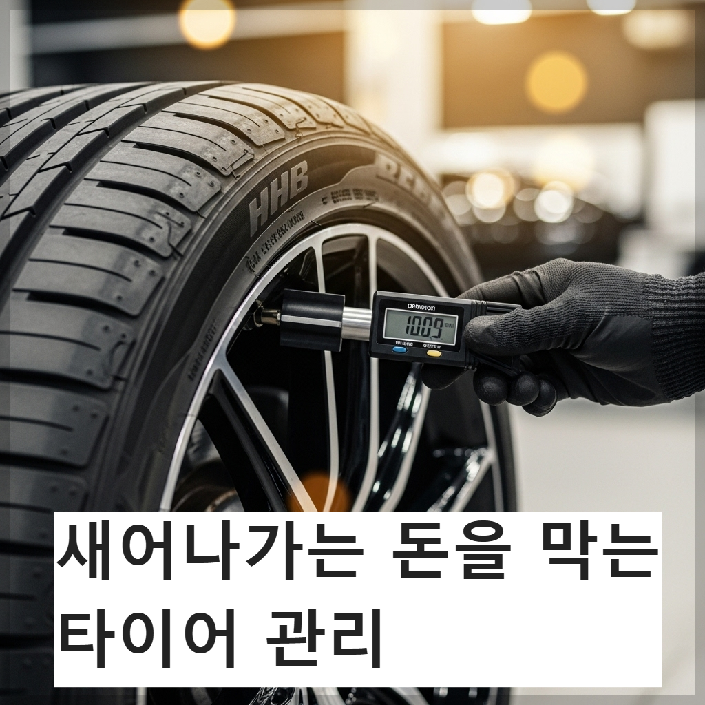 현대적인 자동차 정비소의 밝은 조명 아래, 전문가가 세련된 고급 타이어의 깊은 트레드를 측정하고 있으며 그 주변으로 금색 빛 망울들이 은은하게 퍼져 성공적인 자산 관리를 상징하는 모습